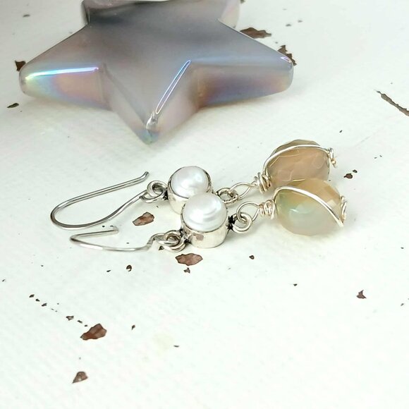 Freshwater Pearl & Faceted Agate Gemstone Dangle Earrings, Upcycled Artisan 2" - Picture 7 of 8
